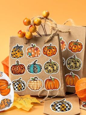 NEW! 50 Plaid Pumpkin 1.5 inch Fall Stickers